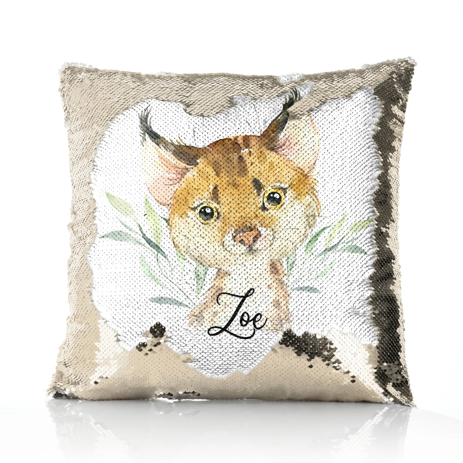 Personalised Sequin Cushion with Spot Cat and Leaves and Cute Text