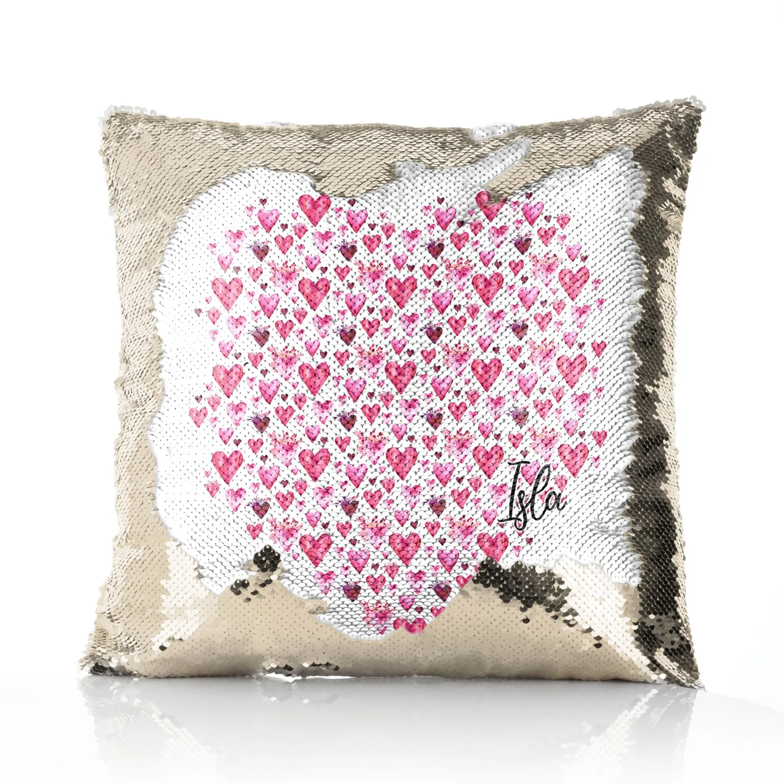 Personalised Sequin Cushion with Stylish Text and Valentine Hearts Print
