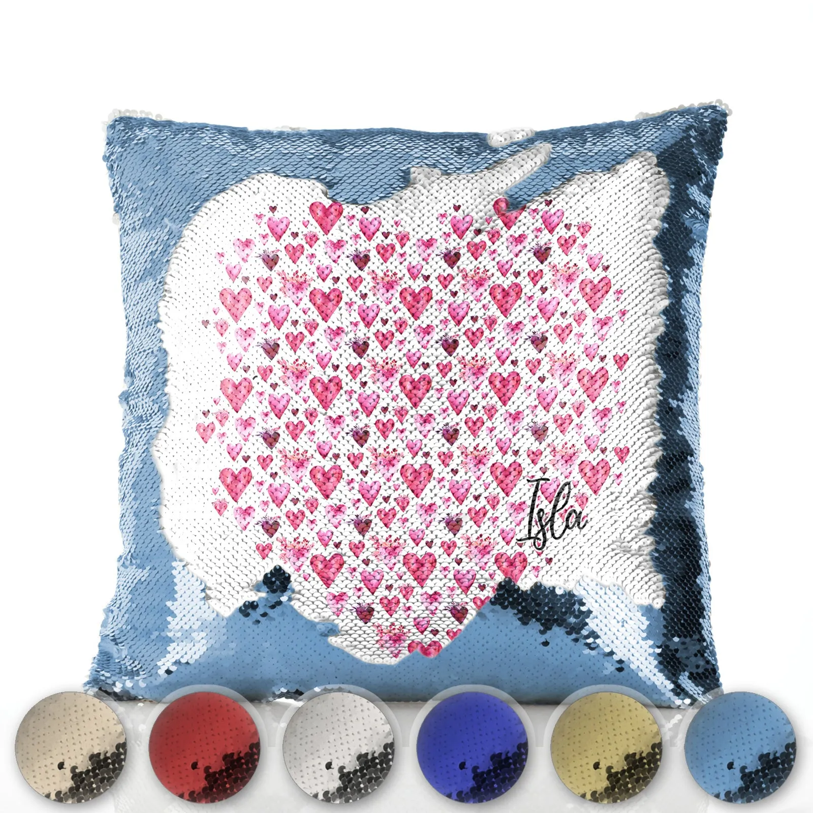 Personalised Sequin Cushion with Stylish Text and Valentine Hearts Print