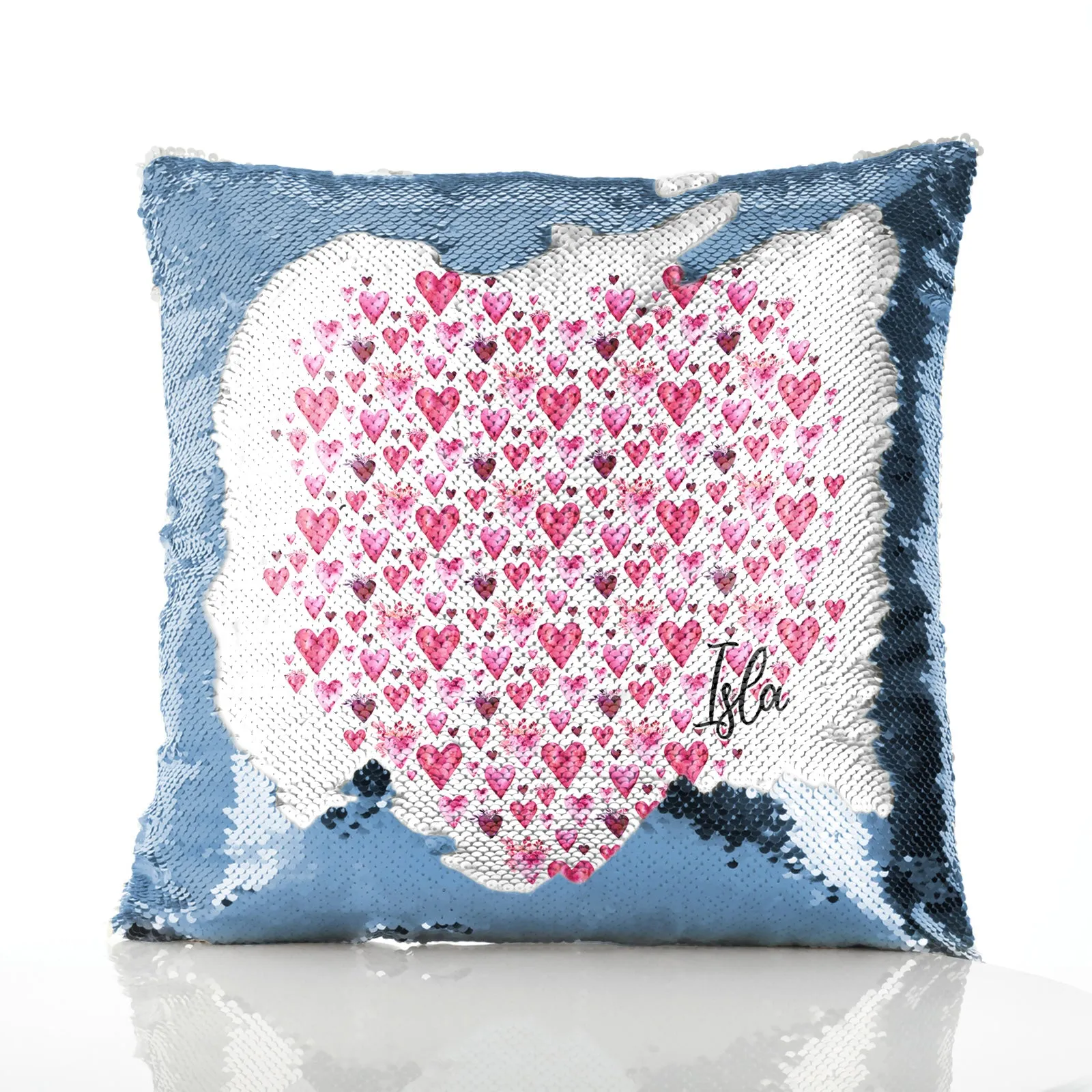 Personalised Sequin Cushion with Stylish Text and Valentine Hearts Print