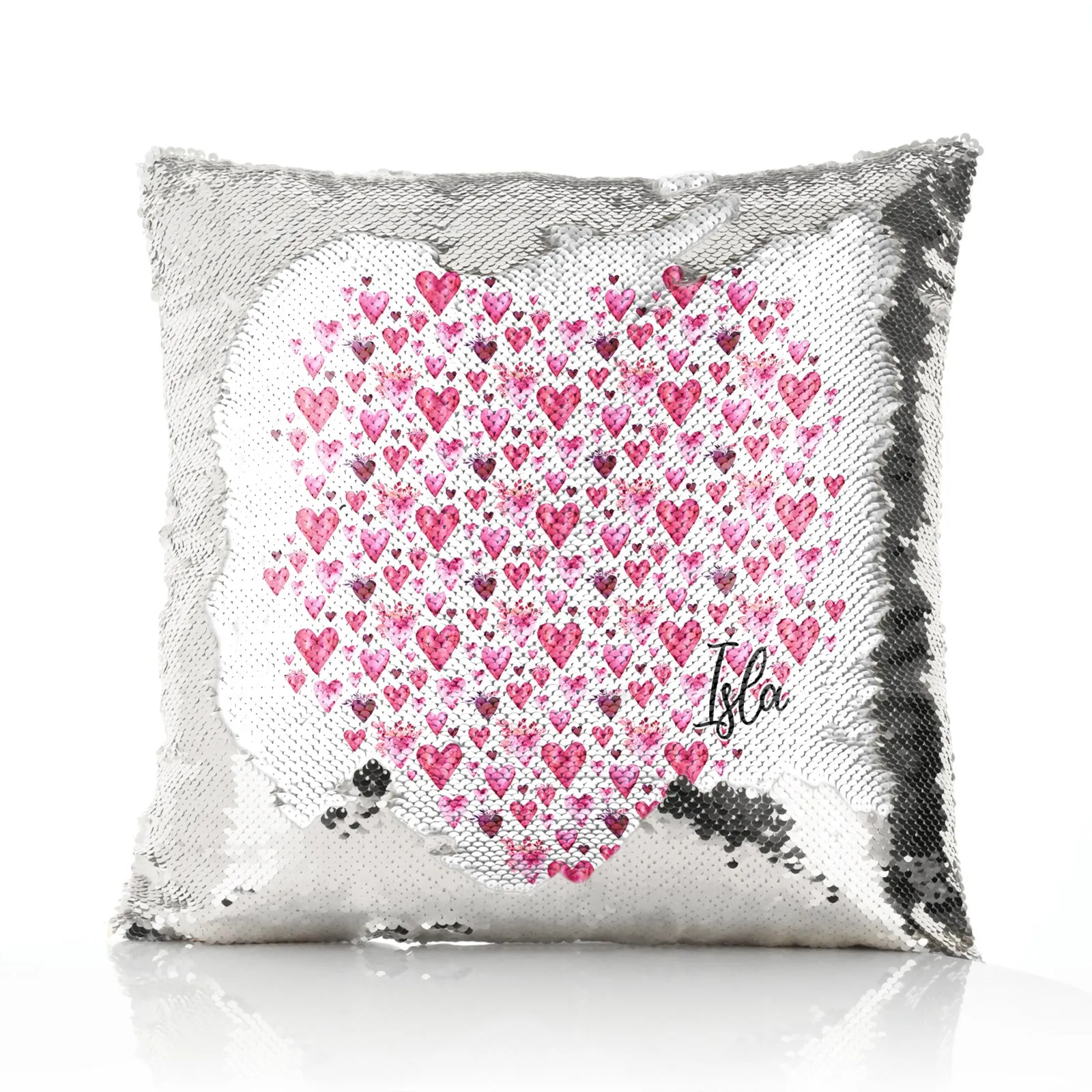 Personalised Sequin Cushion with Stylish Text and Valentine Hearts Print