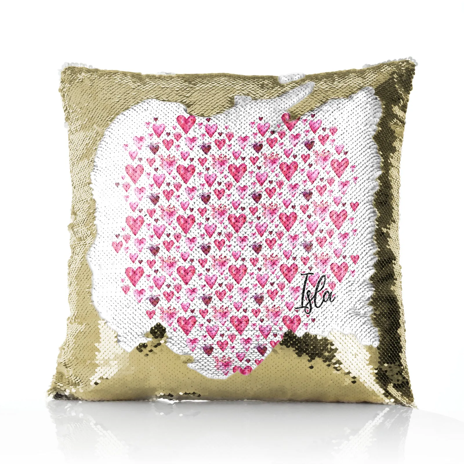 Personalised Sequin Cushion with Stylish Text and Valentine Hearts Print