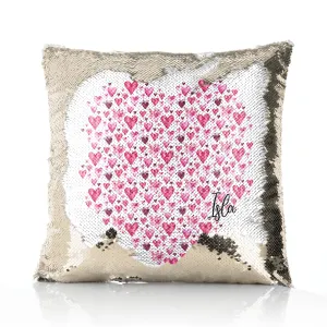 Personalised Sequin Cushion with Stylish Text and Valentine Hearts Print