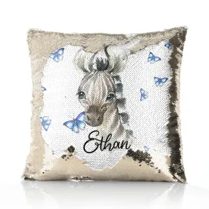 Personalised Sequin Cushion with Zebra Blue Butterfly and Cute Text