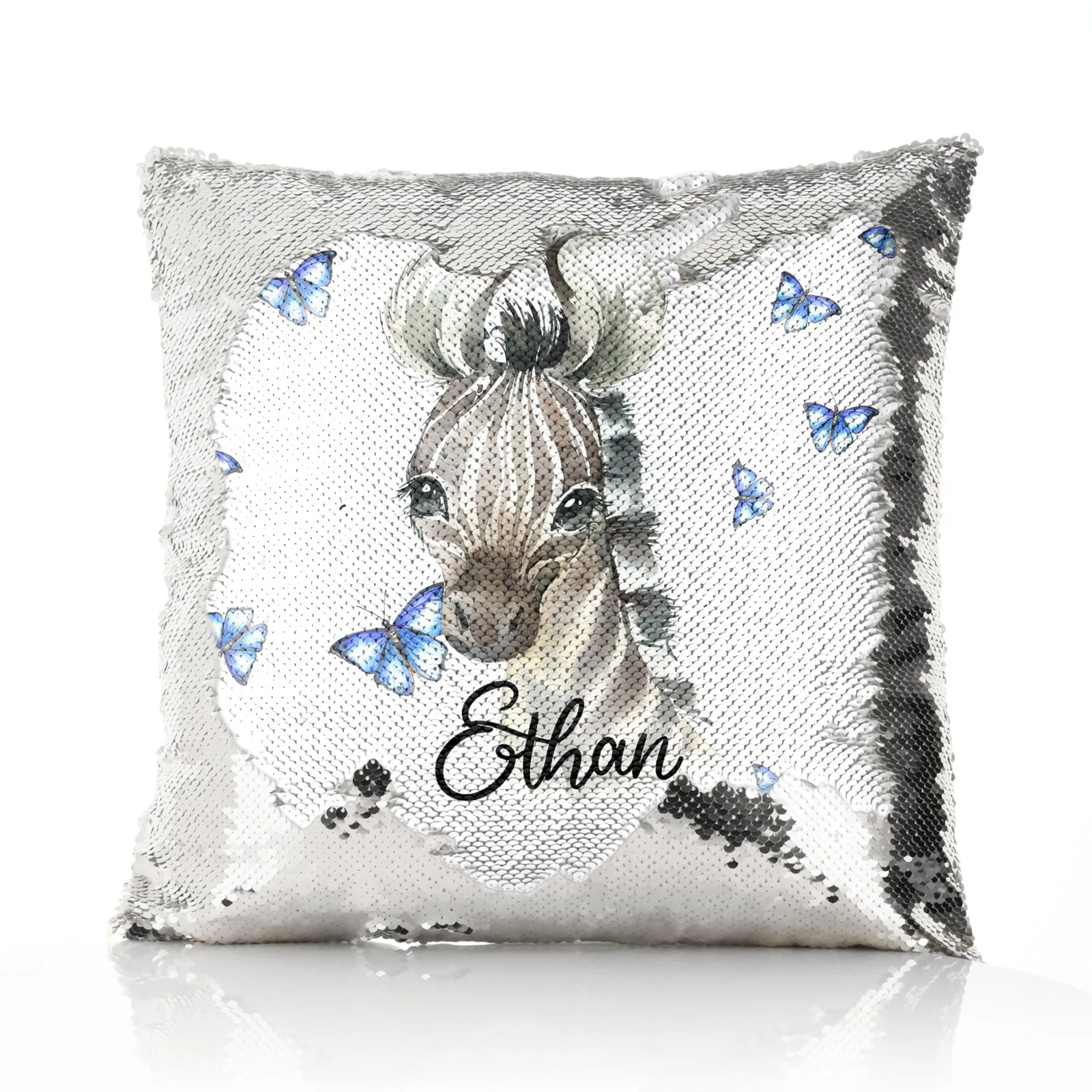 Personalised Sequin Cushion with Zebra Blue Butterfly and Cute Text