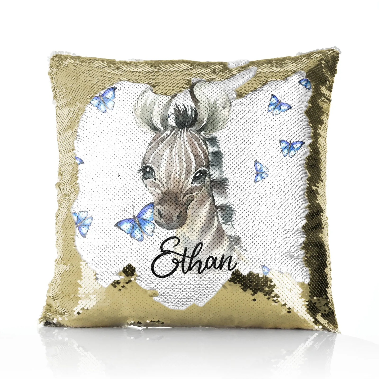 Personalised Sequin Cushion with Zebra Blue Butterfly and Cute Text