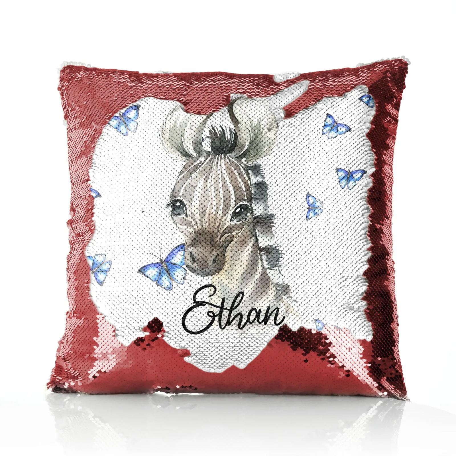 Personalised Sequin Cushion with Zebra Blue Butterfly and Cute Text