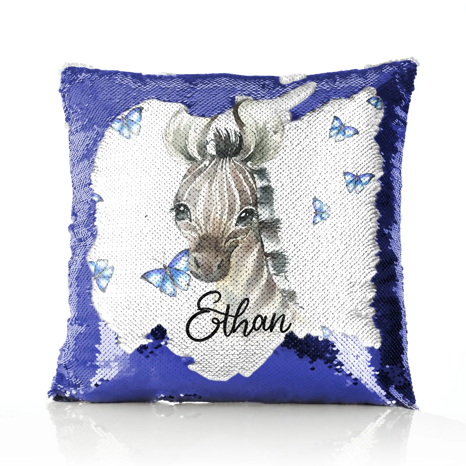 Personalised Sequin Cushion with Zebra Blue Butterfly and Cute Text