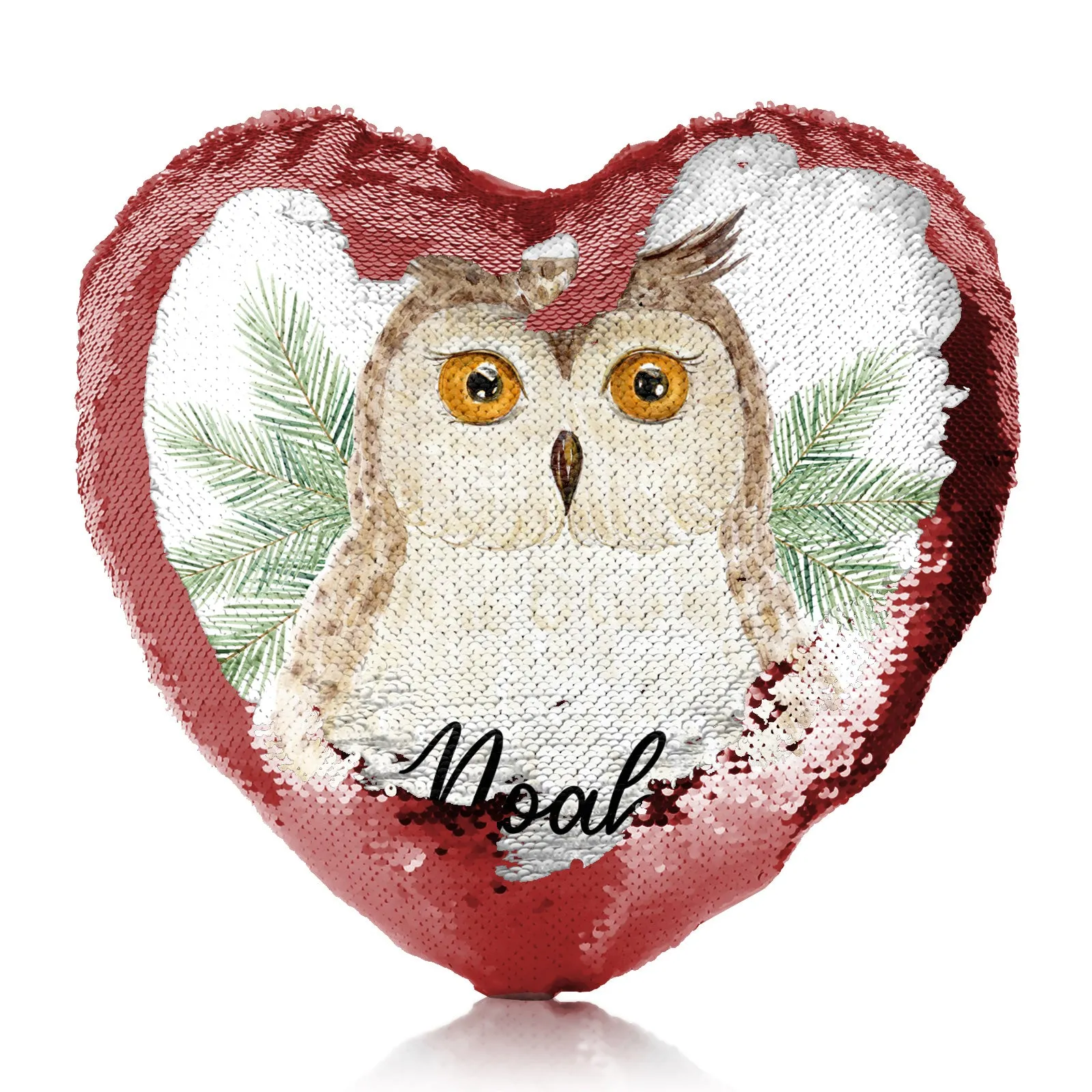 Personalised Sequin Heart Cushion with Brown Owl Pine Tree and Cute Text