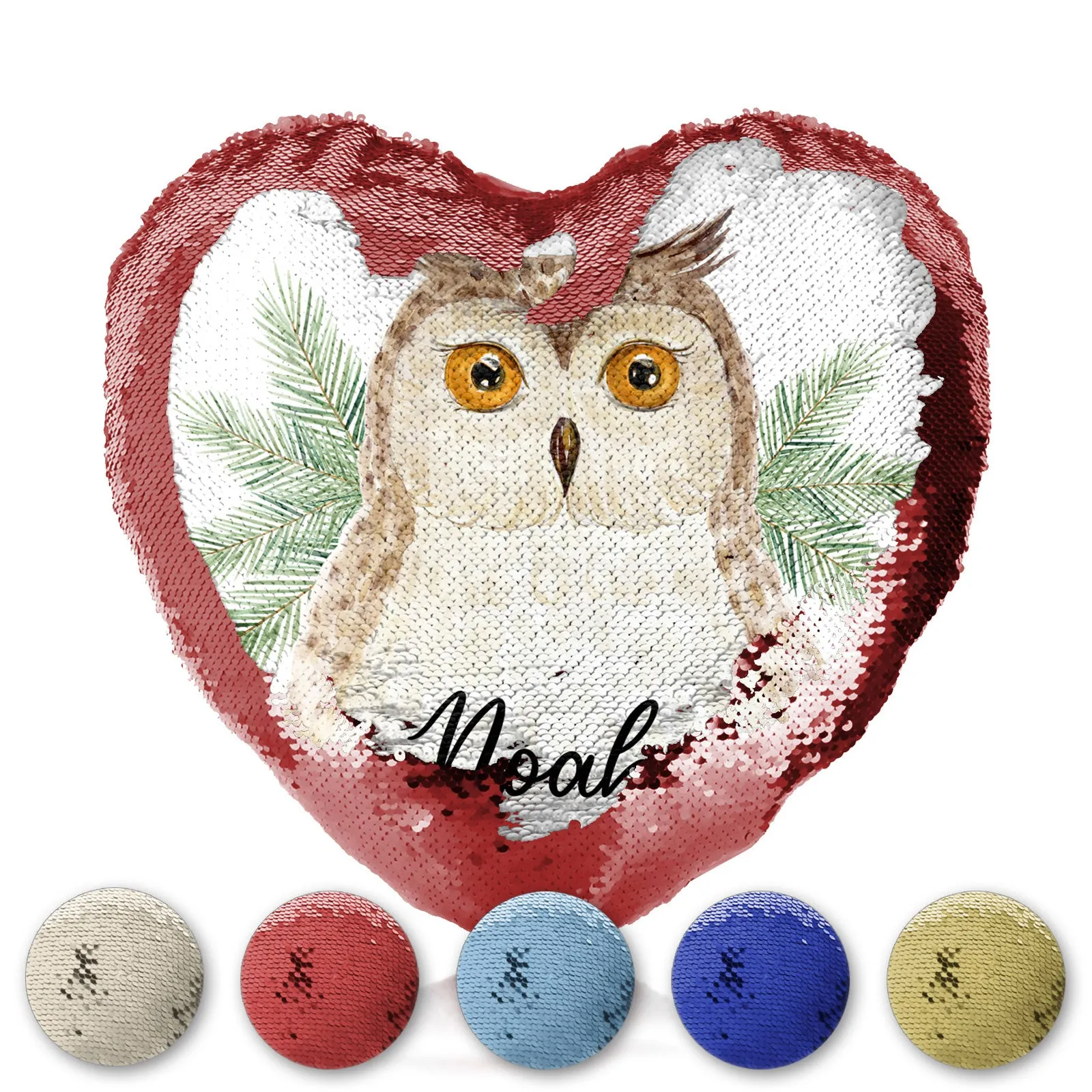 Personalised Sequin Heart Cushion with Brown Owl Pine Tree and Cute Text