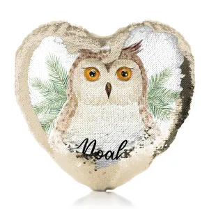 Personalised Sequin Heart Cushion with Brown Owl Pine Tree and Cute Text