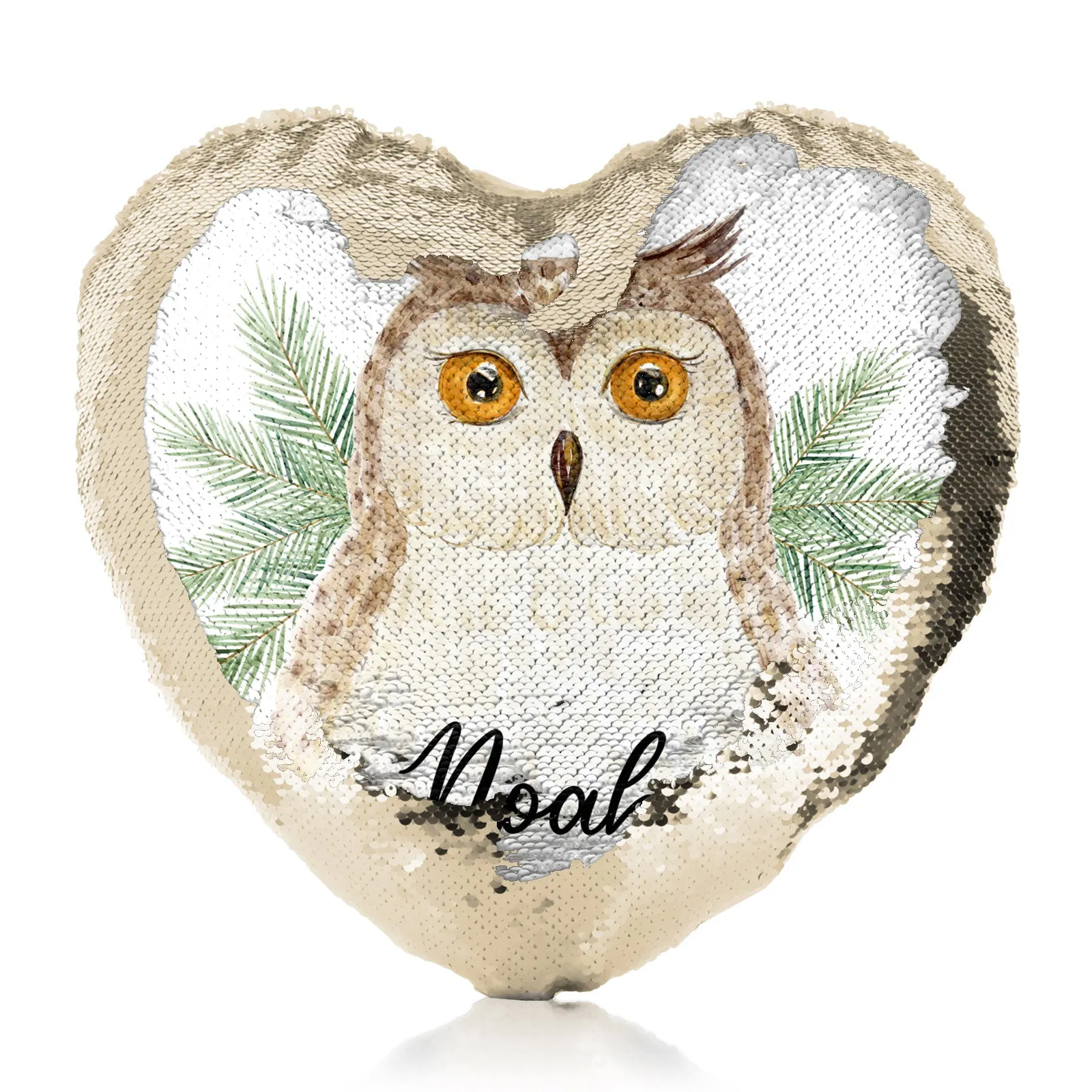 Personalised Sequin Heart Cushion with Brown Owl Pine Tree and Cute Text