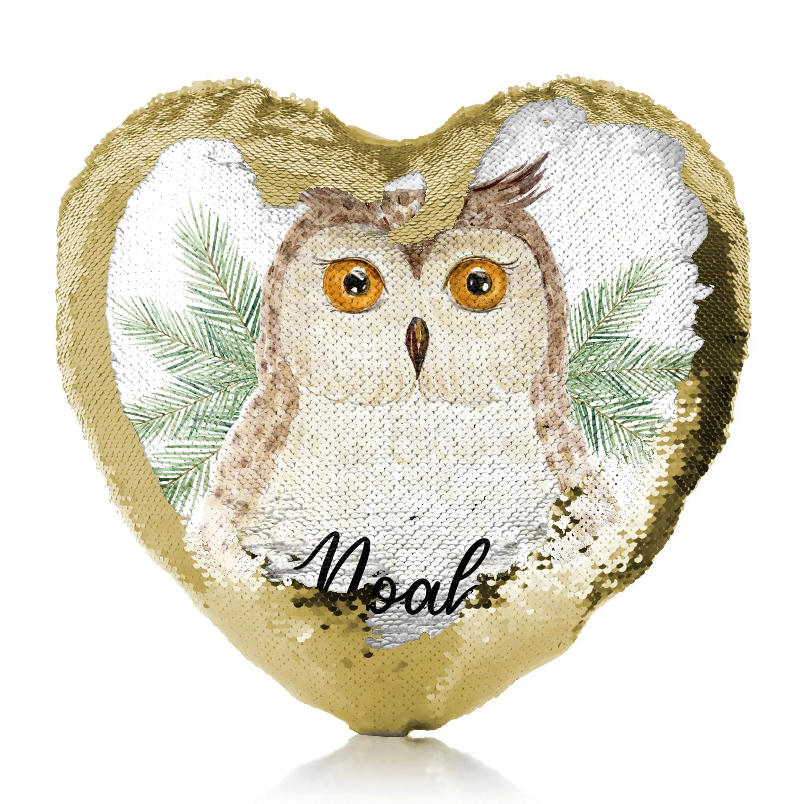 Personalised Sequin Heart Cushion with Brown Owl Pine Tree and Cute Text