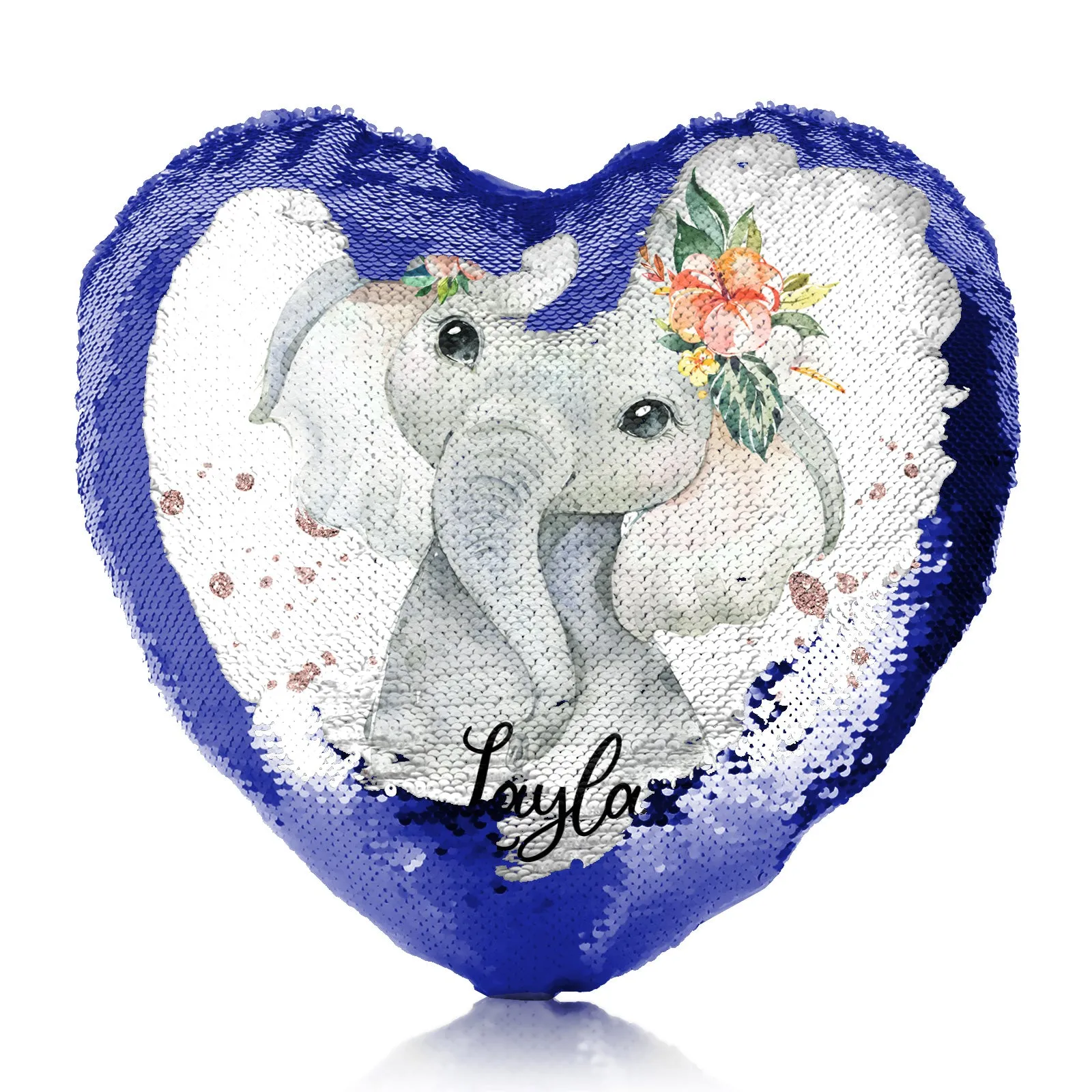 Personalised Sequin Heart Cushion with Elephant Rain Drop Glitter Print and Cute Text
