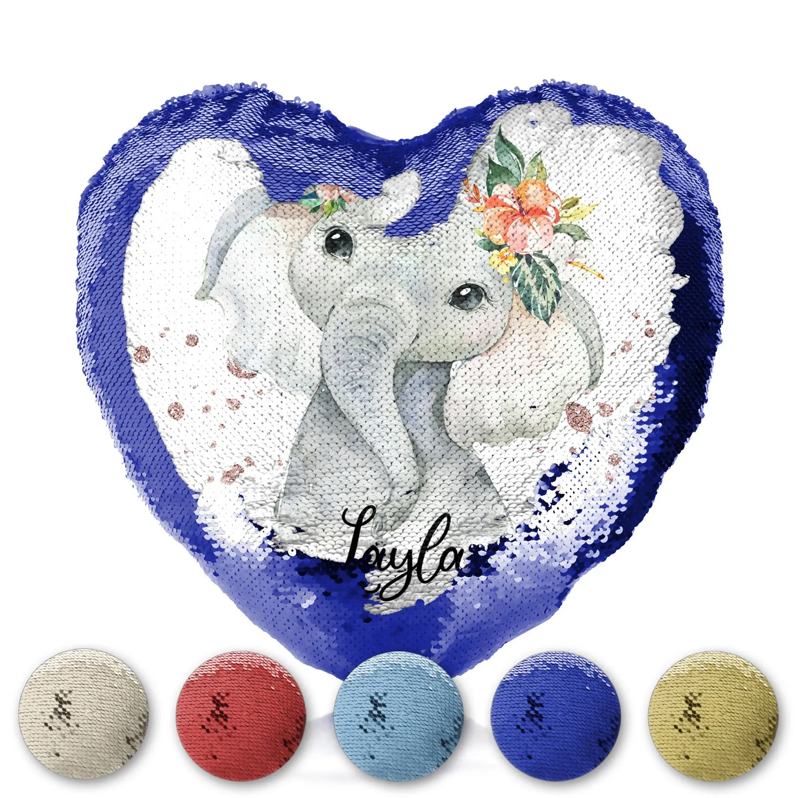 Personalised Sequin Heart Cushion with Elephant Rain Drop Glitter Print and Cute Text