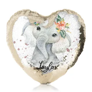 Personalised Sequin Heart Cushion with Elephant Rain Drop Glitter Print and Cute Text