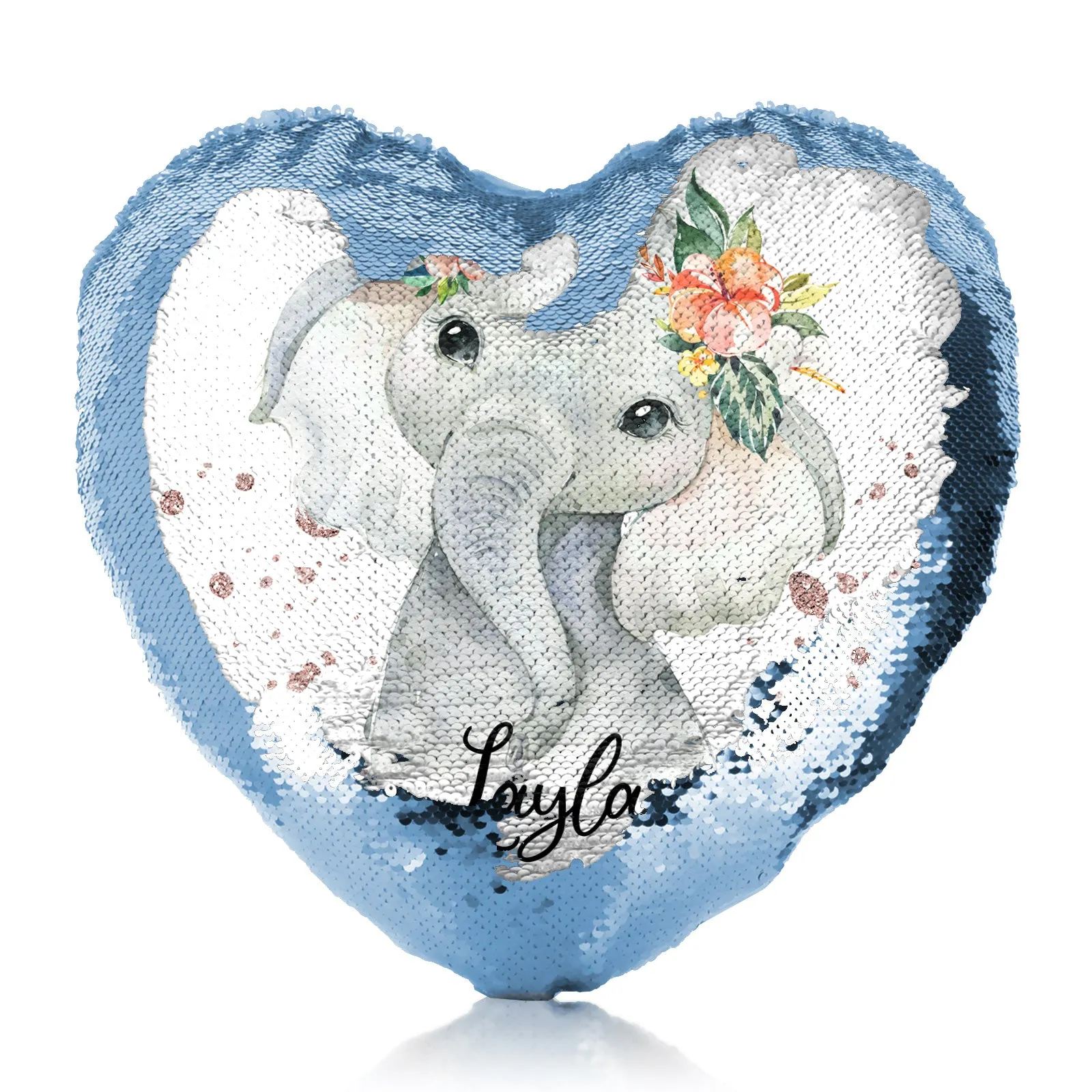 Personalised Sequin Heart Cushion with Elephant Rain Drop Glitter Print and Cute Text