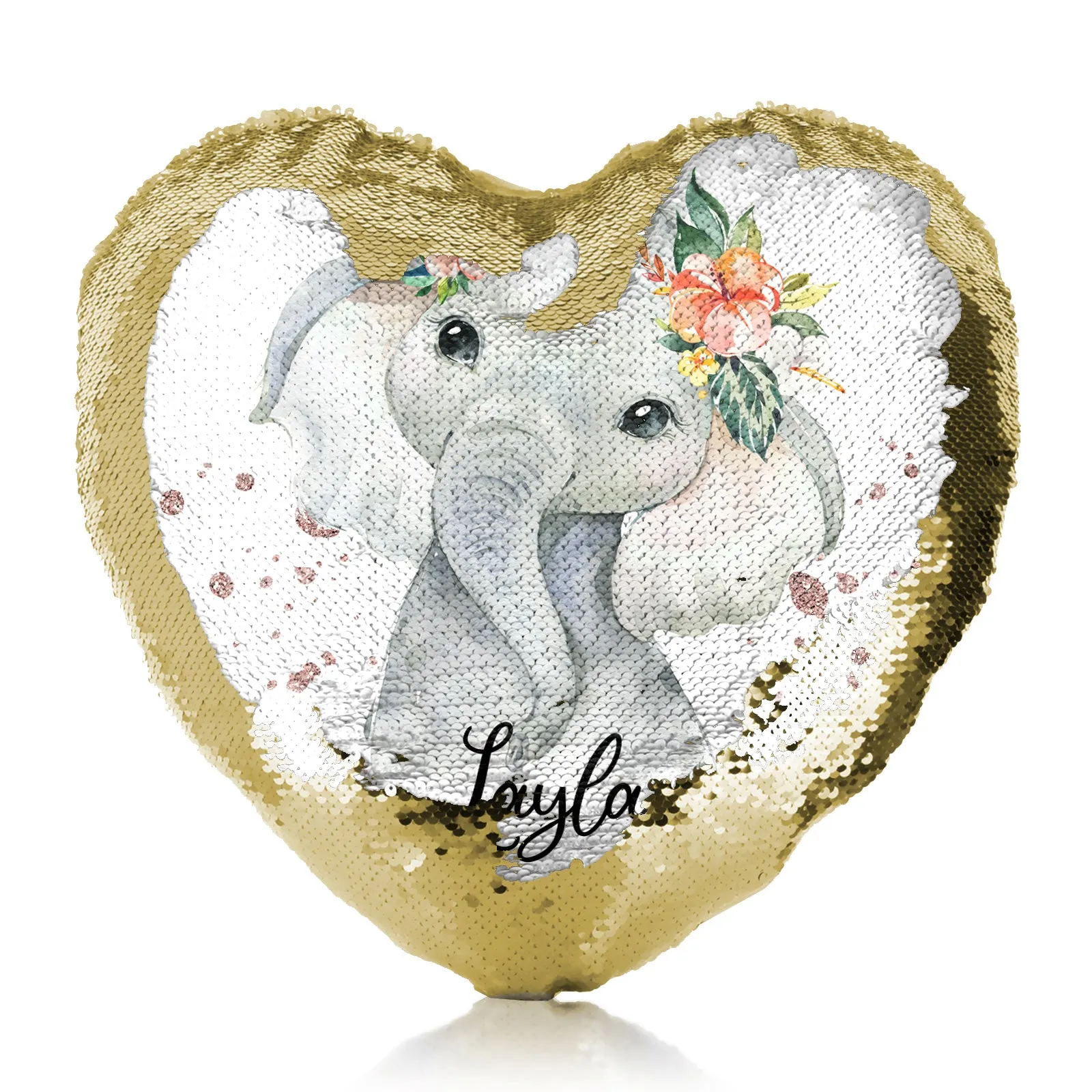 Personalised Sequin Heart Cushion with Elephant Rain Drop Glitter Print and Cute Text