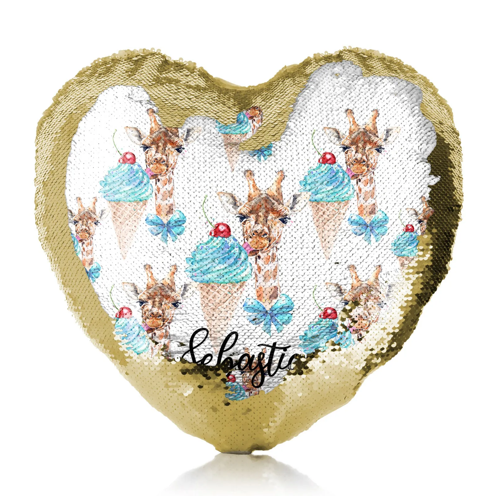 Personalised Sequin Heart Cushion with Giraffe Blue Ice creams and Cute Text