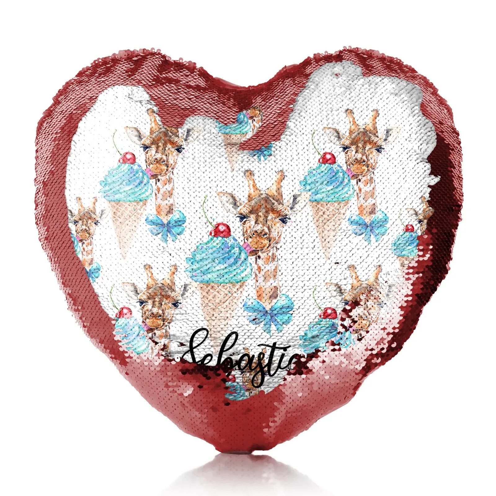Personalised Sequin Heart Cushion with Giraffe Blue Ice creams and Cute Text