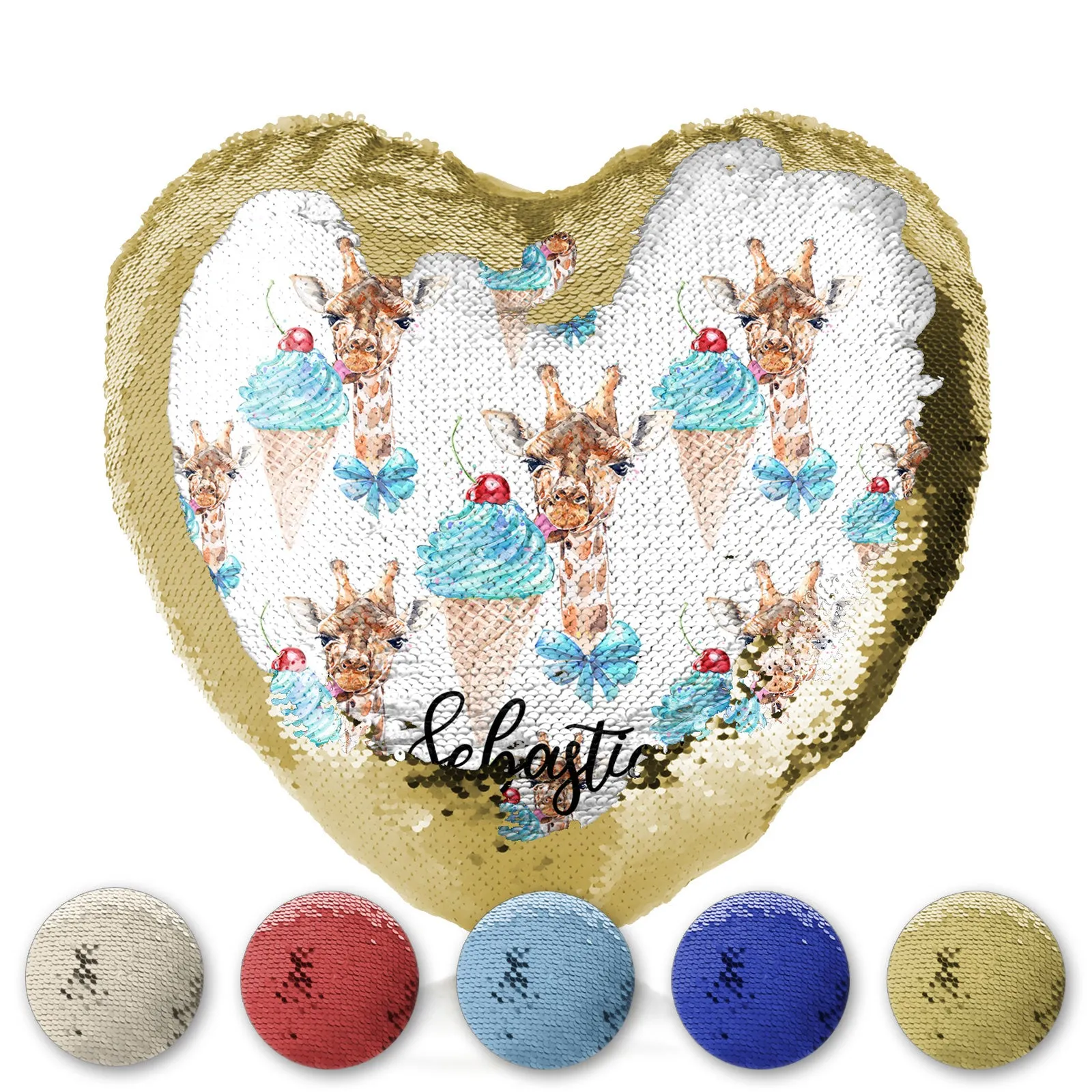 Personalised Sequin Heart Cushion with Giraffe Blue Ice creams and Cute Text
