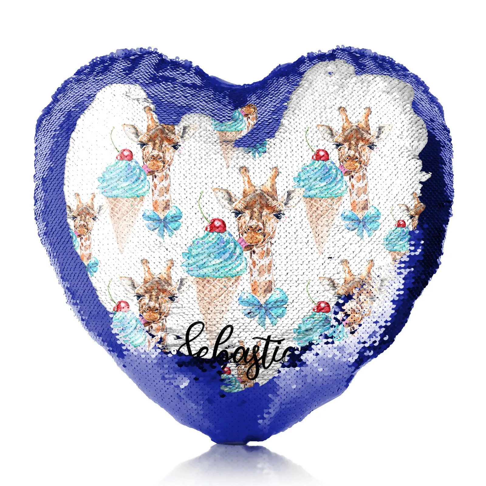 Personalised Sequin Heart Cushion with Giraffe Blue Ice creams and Cute Text