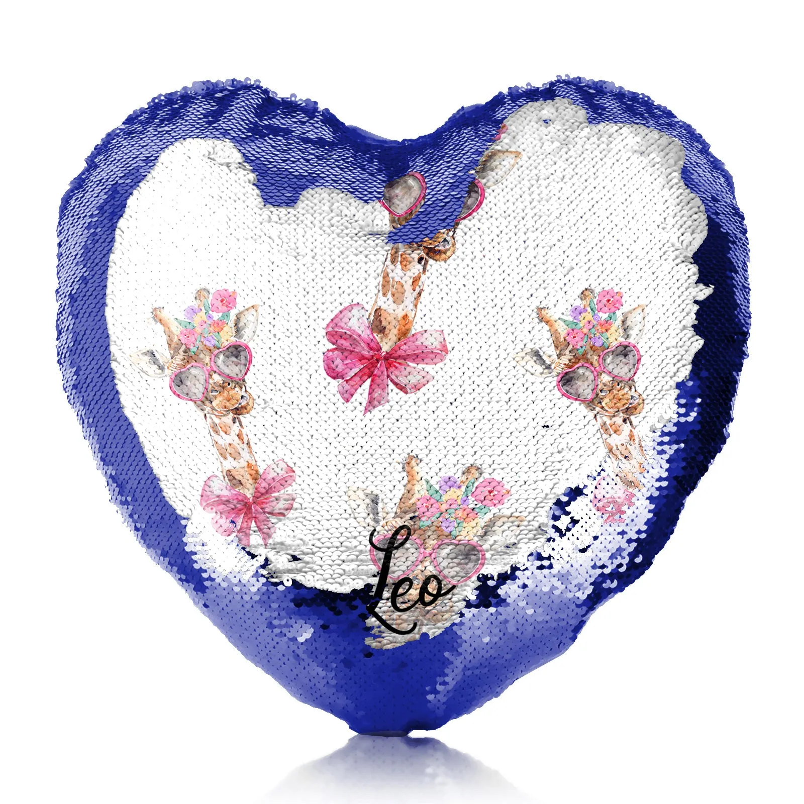 Personalised Sequin Heart Cushion with Giraffe Pink Bow Multicolour Flowers and Cute Text