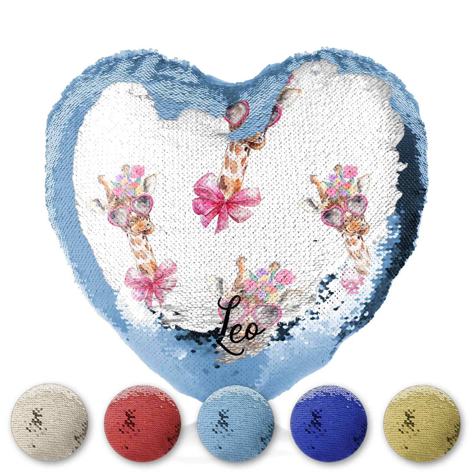 Personalised Sequin Heart Cushion with Giraffe Pink Bow Multicolour Flowers and Cute Text
