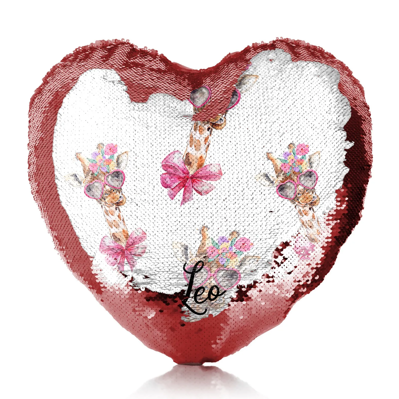 Personalised Sequin Heart Cushion with Giraffe Pink Bow Multicolour Flowers and Cute Text