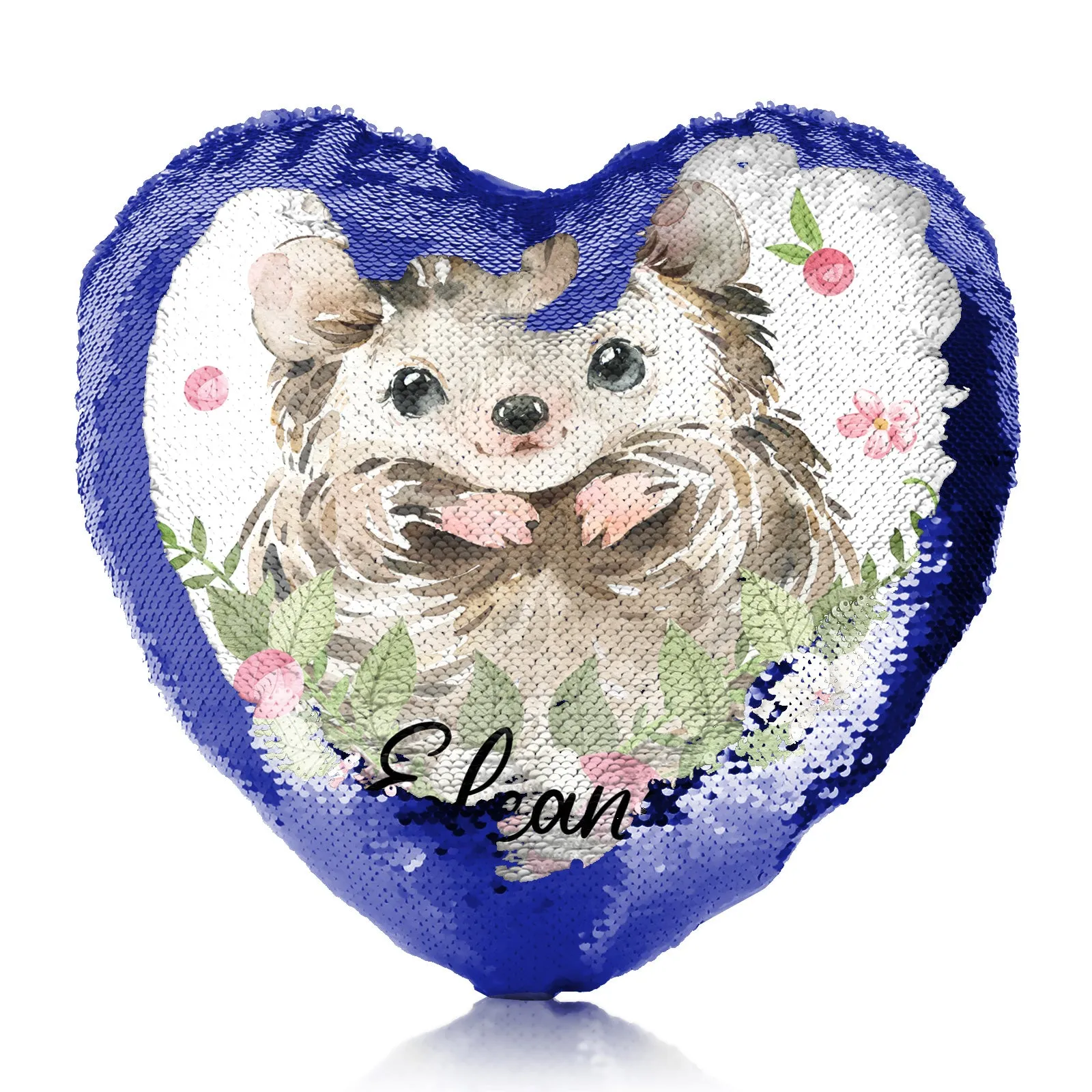 Personalised Sequin Heart Cushion with Hedgehog Pink Flowers and Cute Text