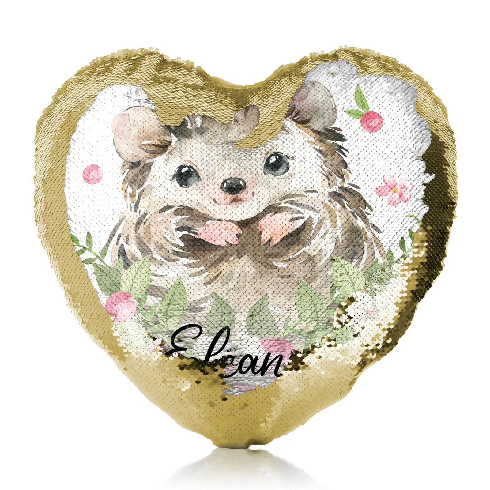 Personalised Sequin Heart Cushion with Hedgehog Pink Flowers and Cute Text