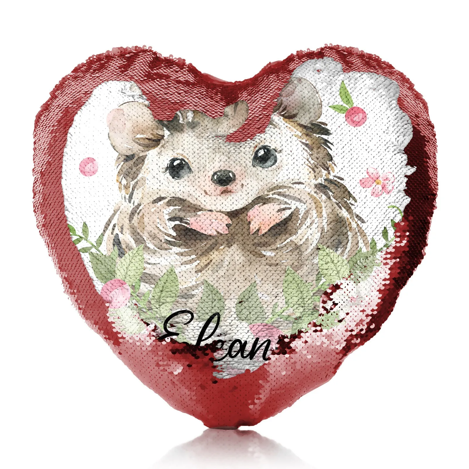 Personalised Sequin Heart Cushion with Hedgehog Pink Flowers and Cute Text