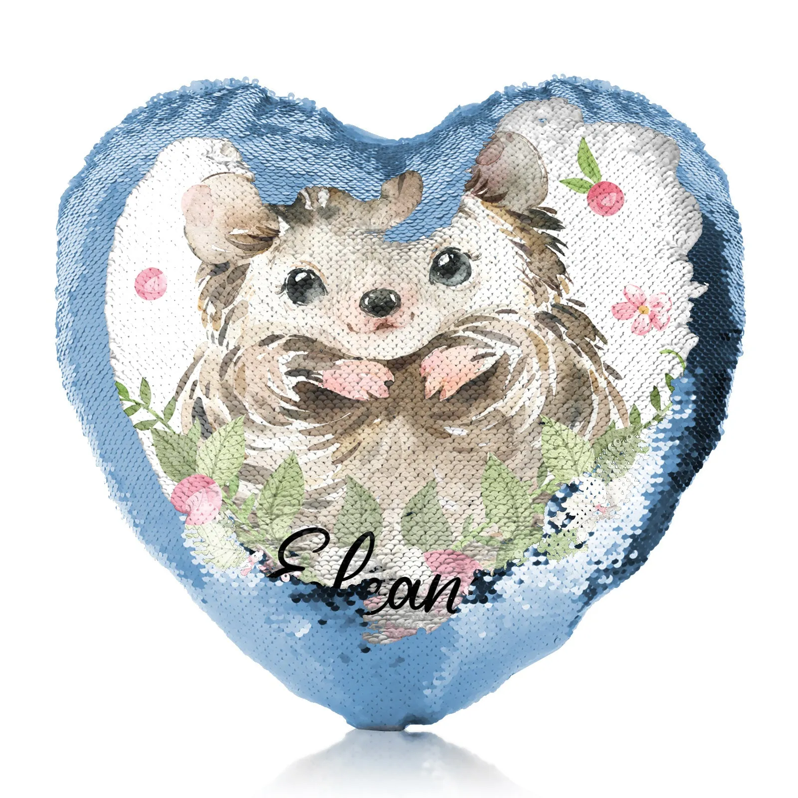 Personalised Sequin Heart Cushion with Hedgehog Pink Flowers and Cute Text