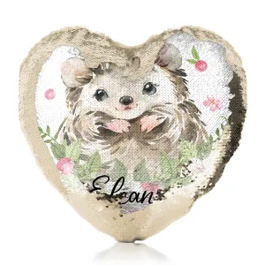 Personalised Sequin Heart Cushion with Hedgehog Pink Flowers and Cute Text