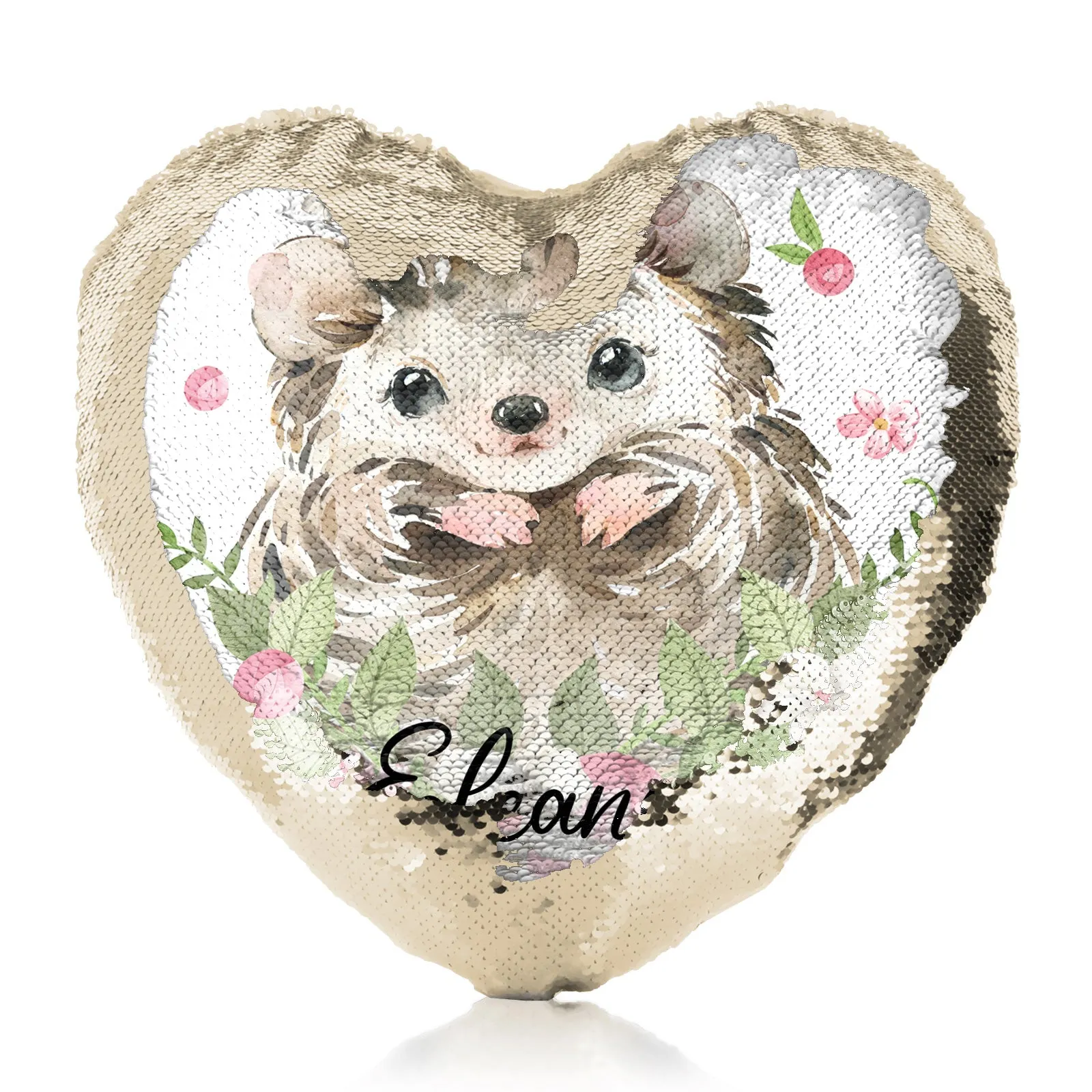 Personalised Sequin Heart Cushion with Hedgehog Pink Flowers and Cute Text