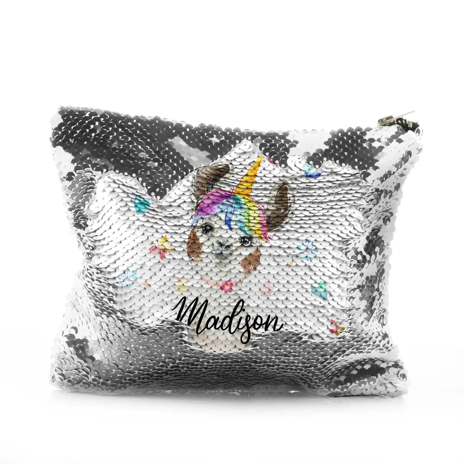 Personalised Sequin Zip Bag with Alpaca Unicorn with Rainbow Hair Hearts Stars and Cute Text