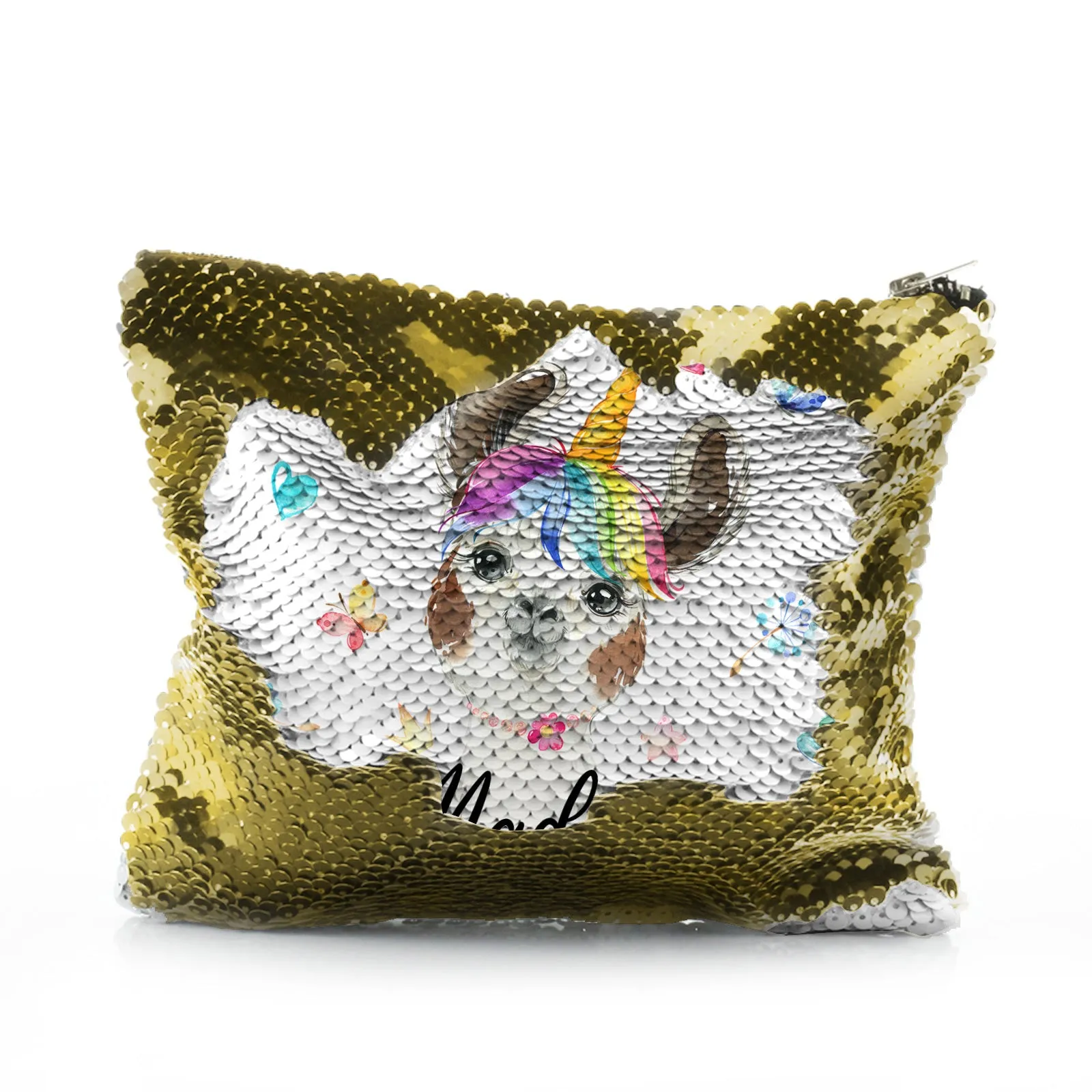 Personalised Sequin Zip Bag with Alpaca Unicorn with Rainbow Hair Hearts Stars and Cute Text