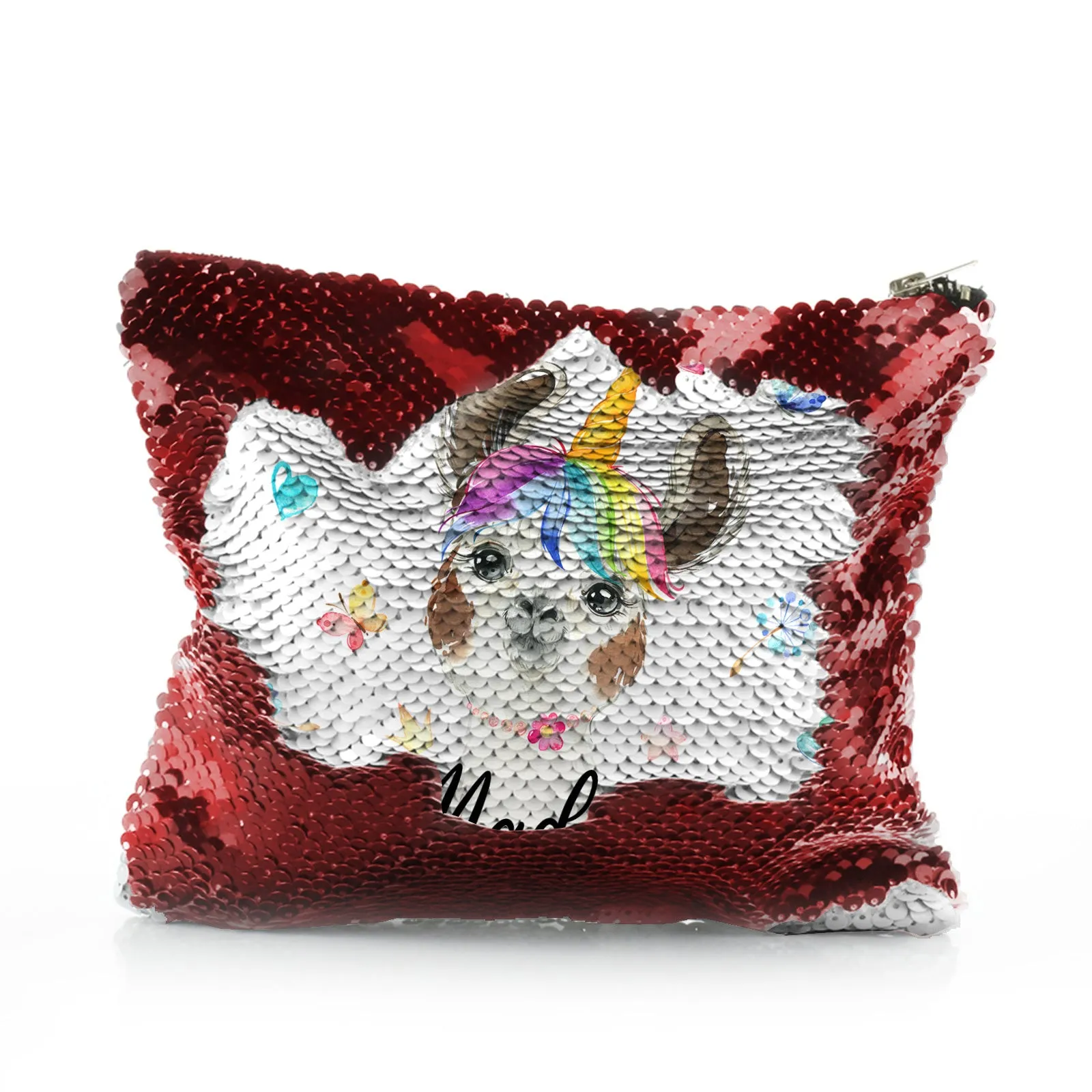 Personalised Sequin Zip Bag with Alpaca Unicorn with Rainbow Hair Hearts Stars and Cute Text
