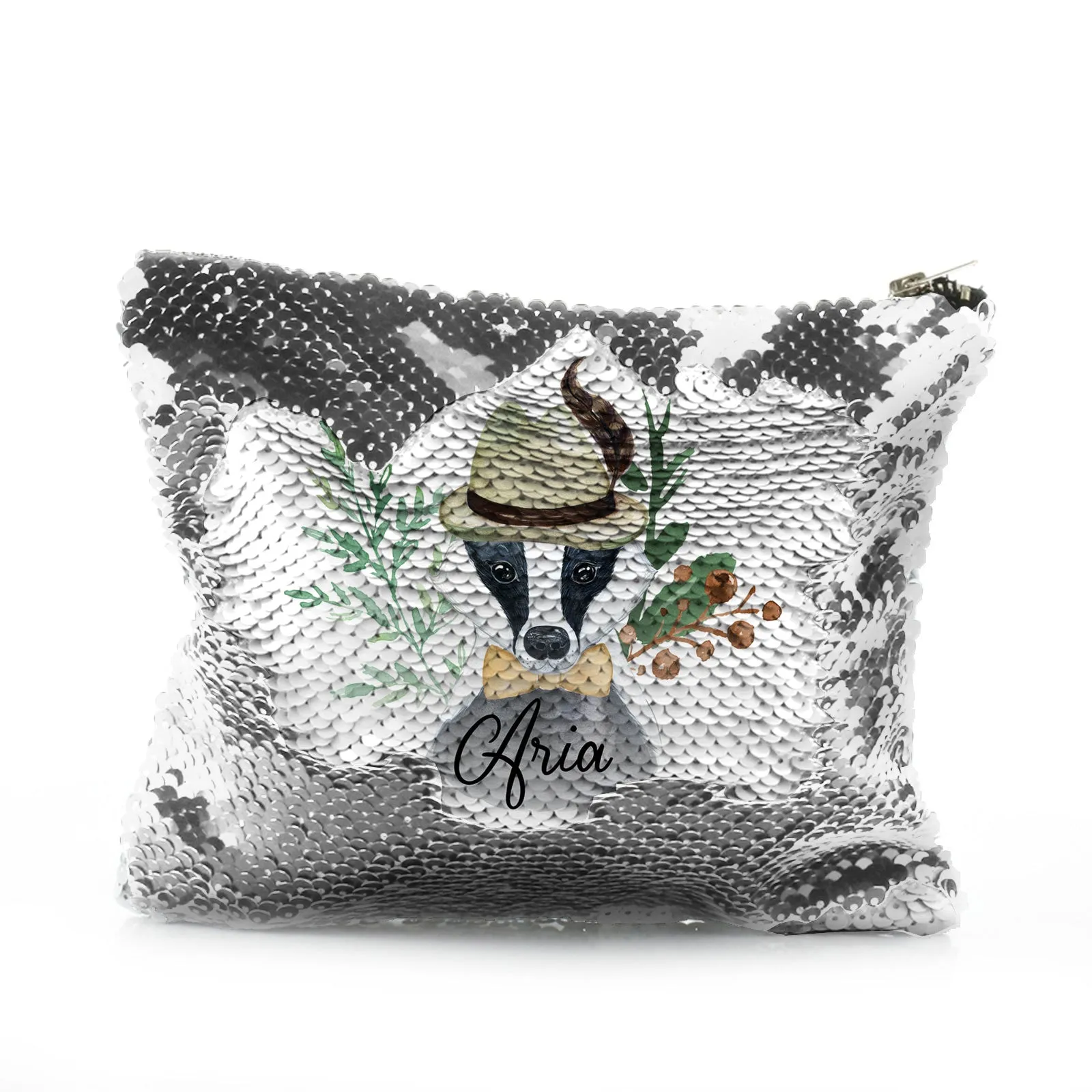 Personalised Sequin Zip Bag with Badger Feather Hat and Cute Text