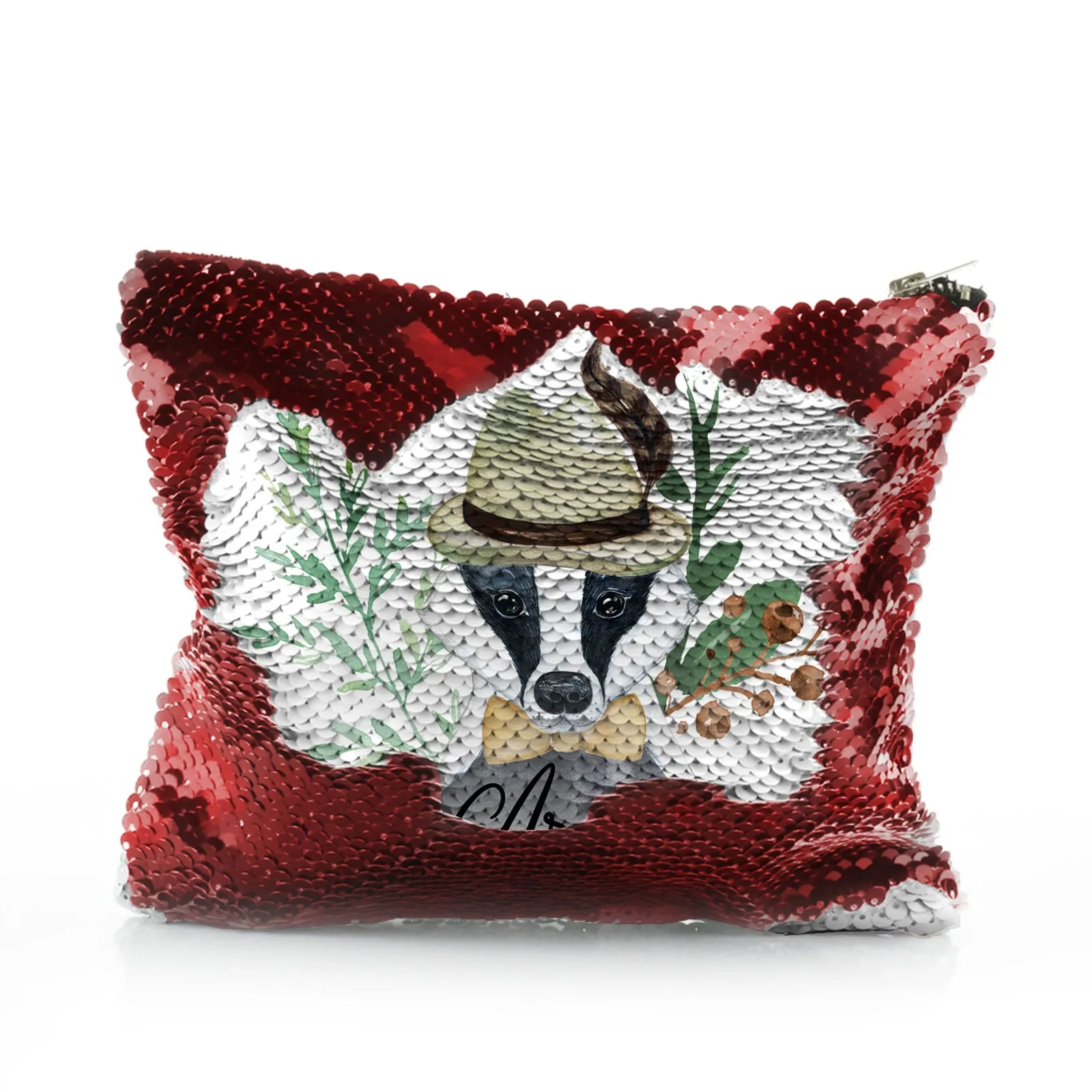 Personalised Sequin Zip Bag with Badger Feather Hat and Cute Text