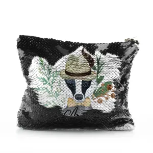 Personalised Sequin Zip Bag with Badger Feather Hat and Cute Text