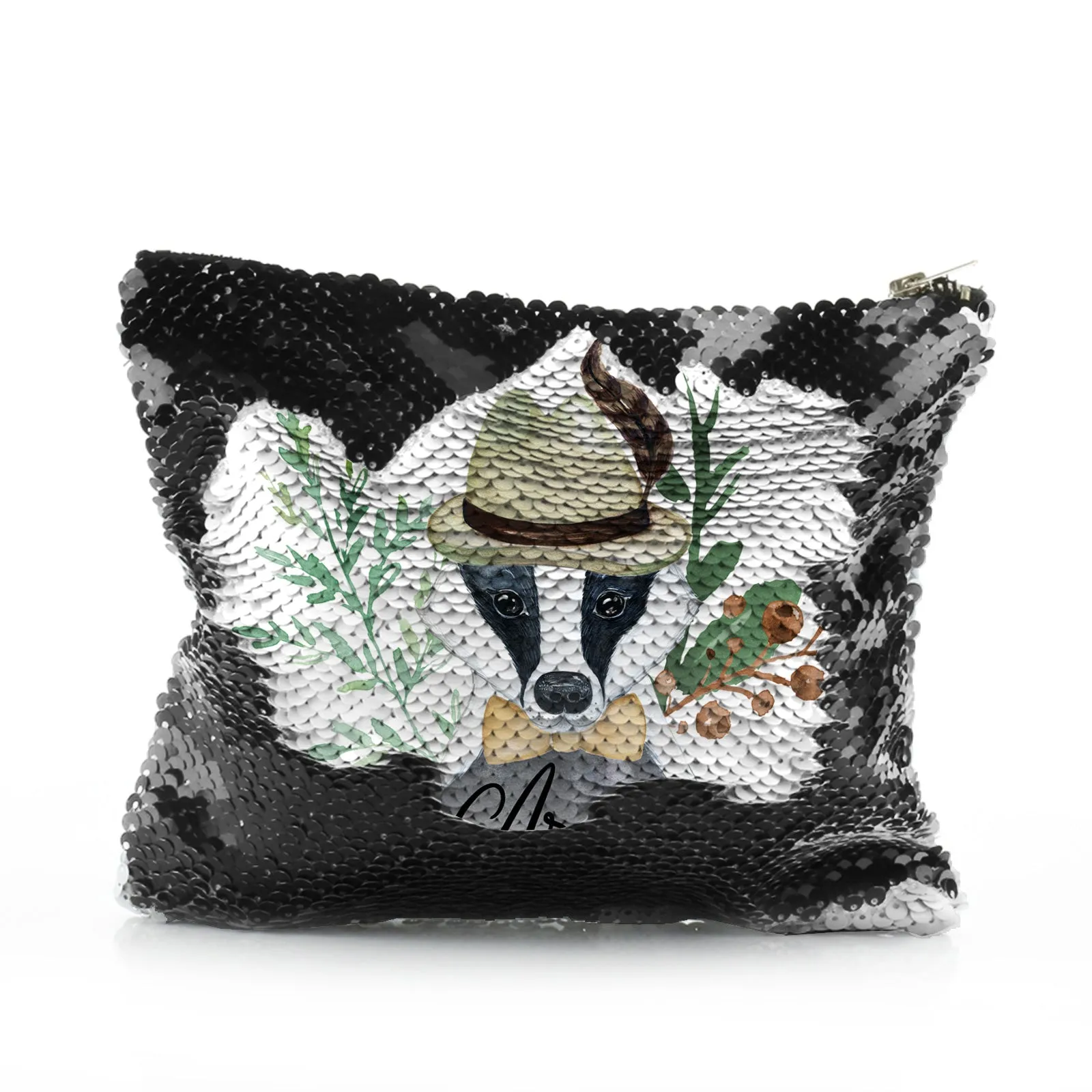 Personalised Sequin Zip Bag with Badger Feather Hat and Cute Text