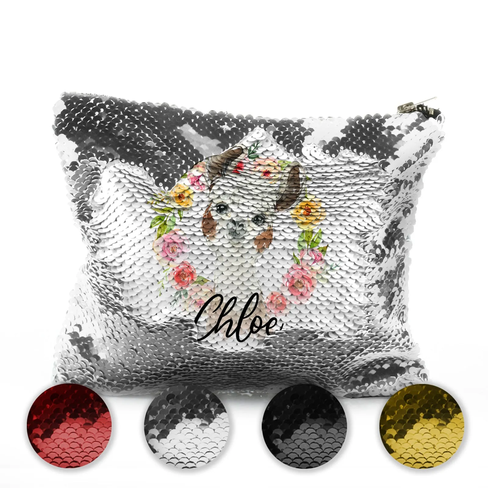 Personalised Sequin Zip Bag with Brown and White Alpaca Multicolour Flower Wreath and Cute Text