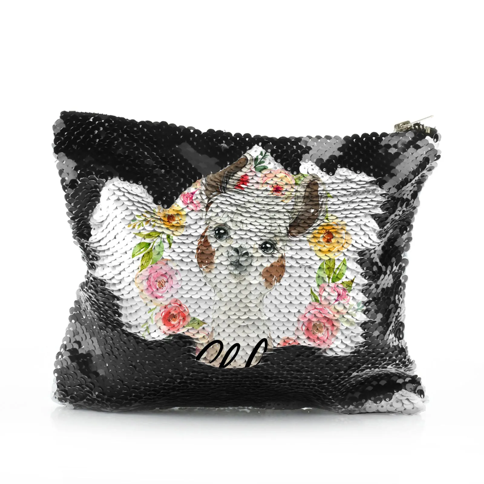 Personalised Sequin Zip Bag with Brown and White Alpaca Multicolour Flower Wreath and Cute Text