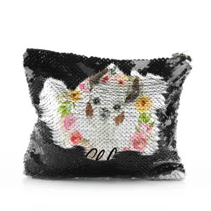 Personalised Sequin Zip Bag with Brown and White Alpaca Multicolour Flower Wreath and Cute Text