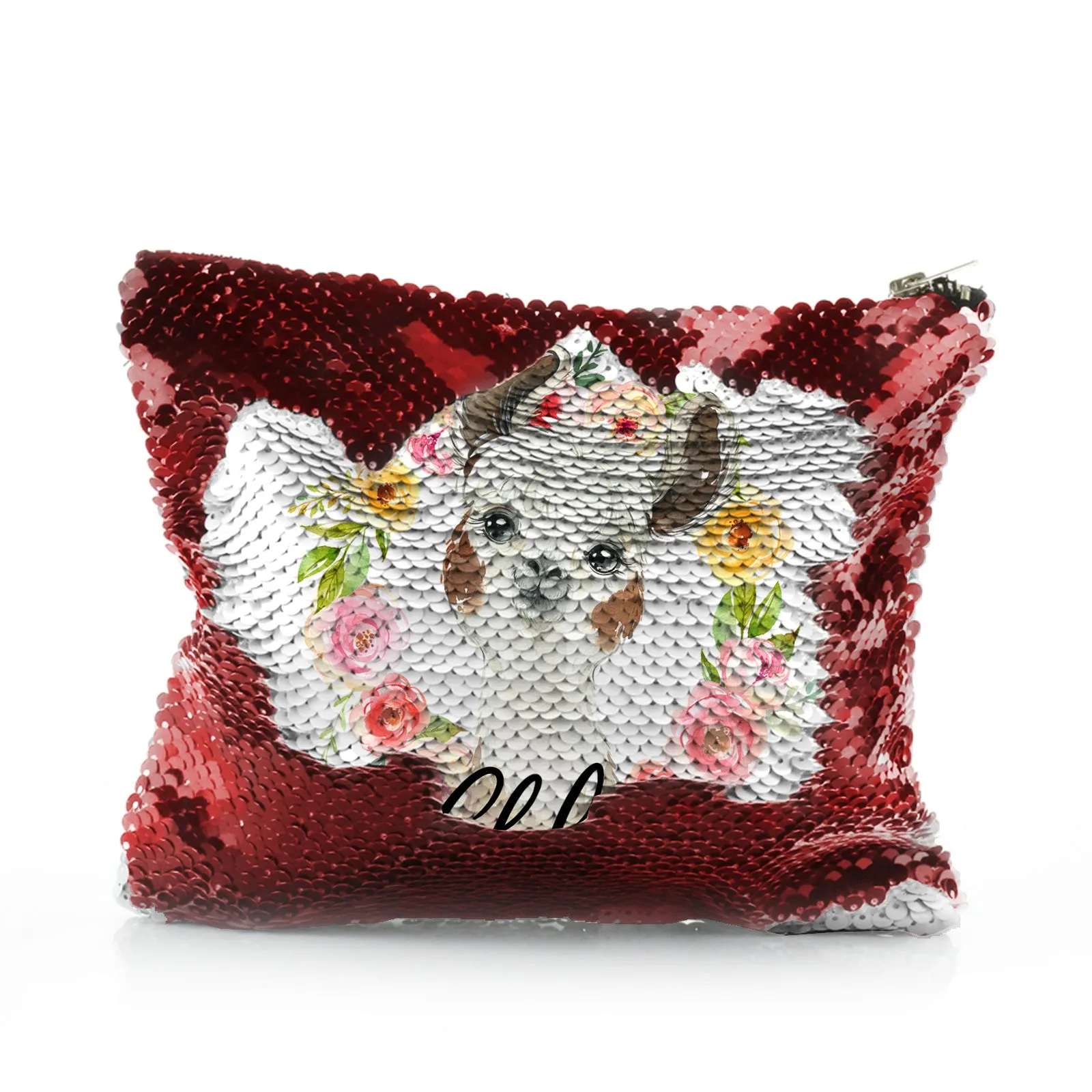 Personalised Sequin Zip Bag with Brown and White Alpaca Multicolour Flower Wreath and Cute Text