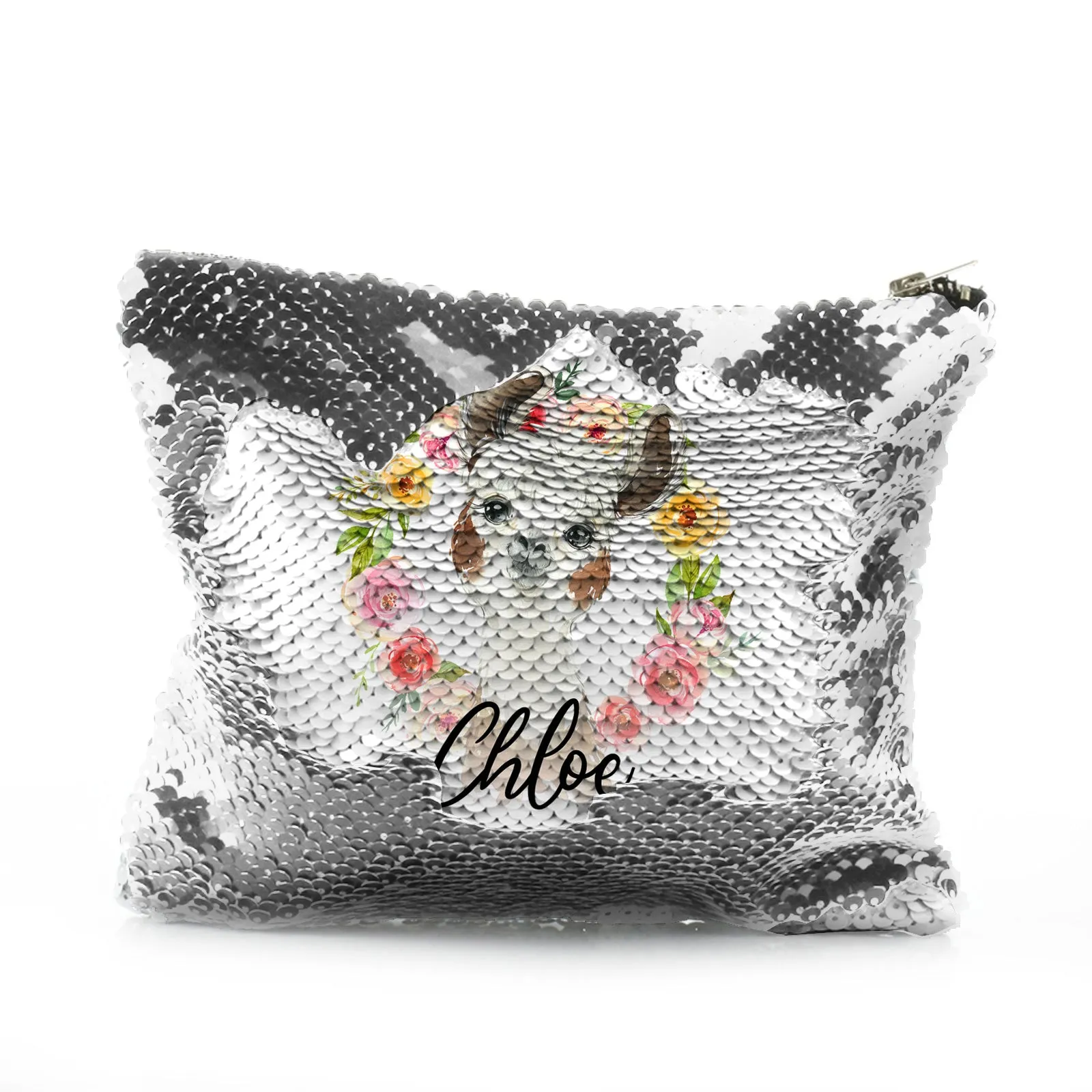 Personalised Sequin Zip Bag with Brown and White Alpaca Multicolour Flower Wreath and Cute Text
