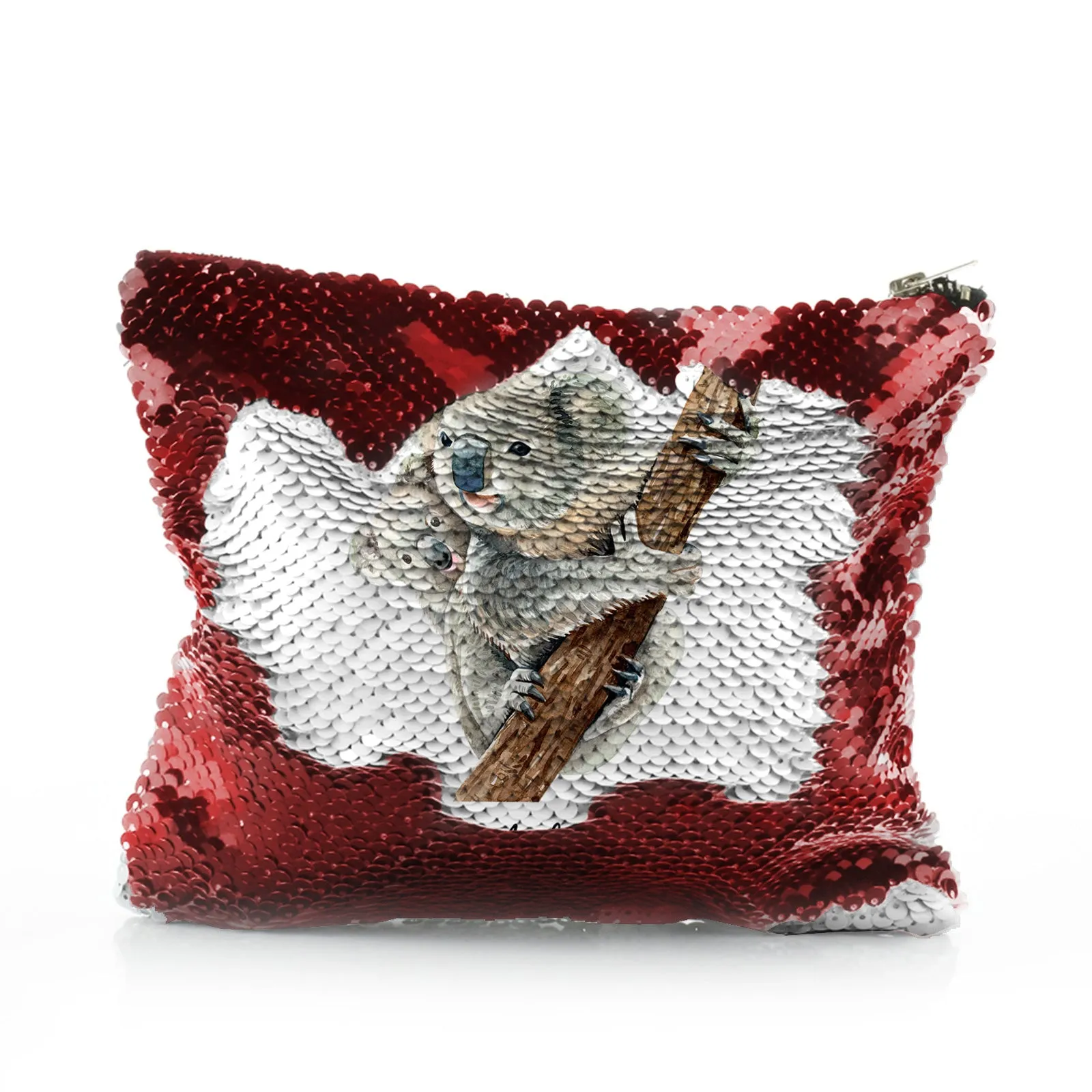 Personalised Sequin Zip Bag with Welcoming Text and Climbing Mum and Baby Koalas