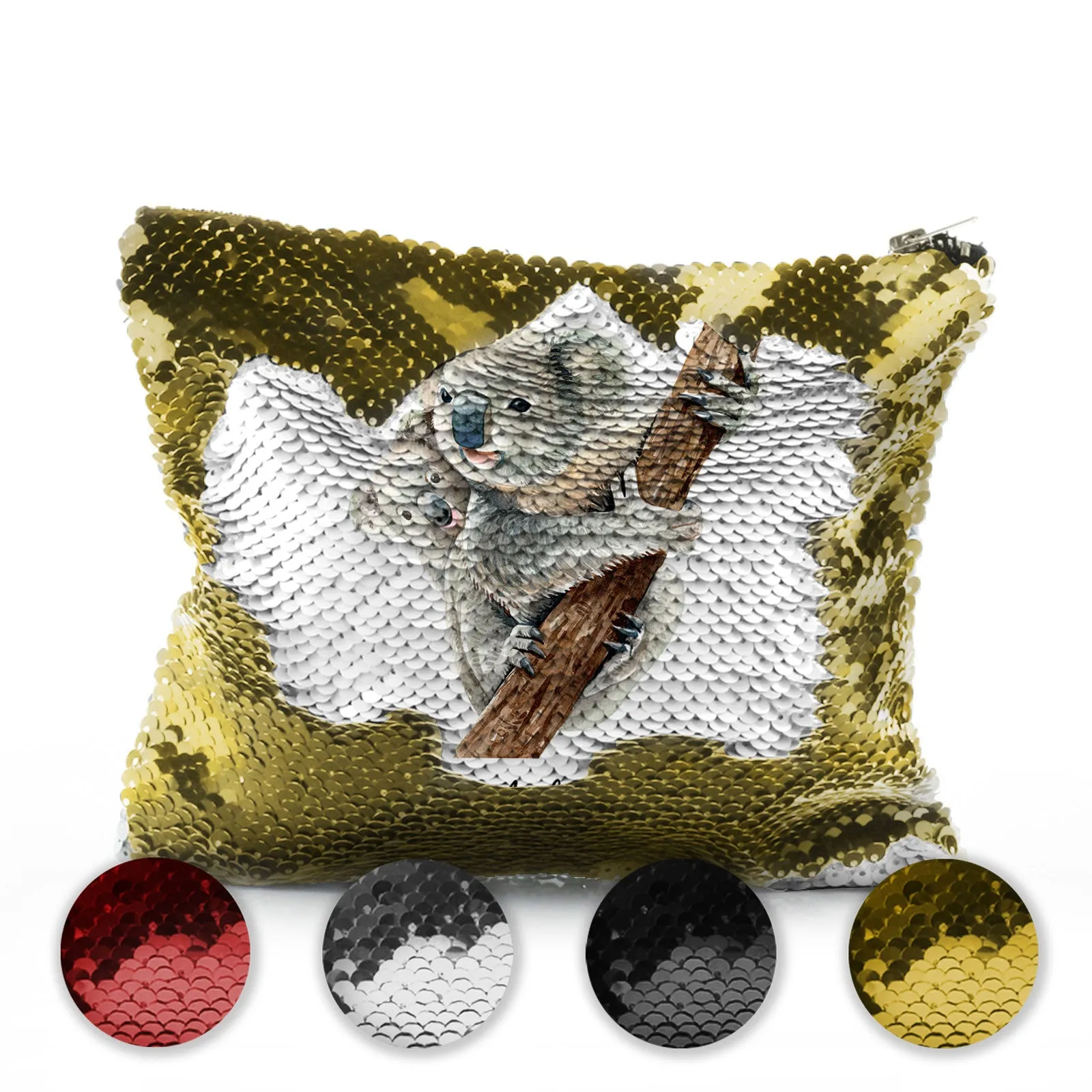Personalised Sequin Zip Bag with Welcoming Text and Climbing Mum and Baby Koalas