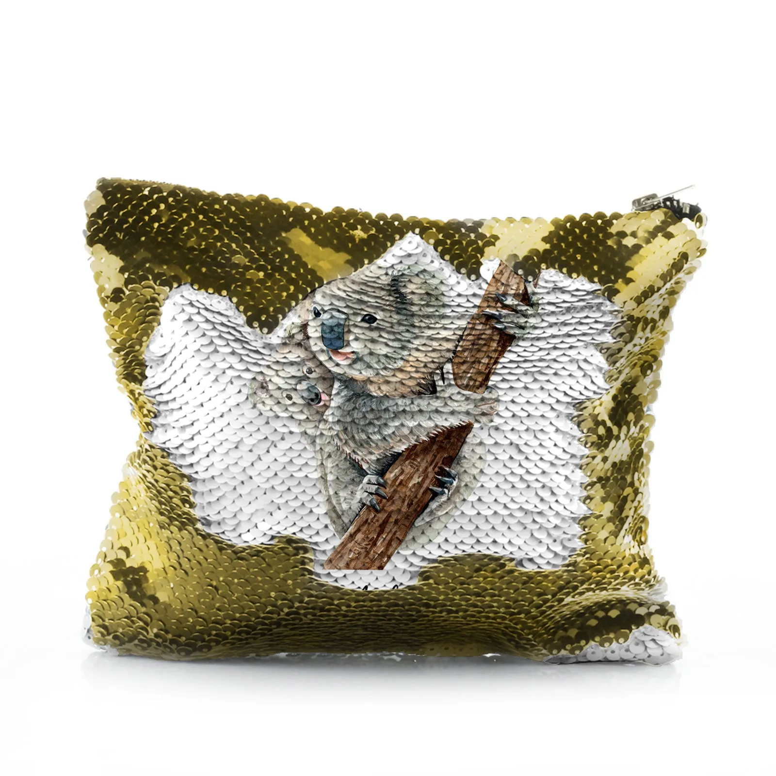 Personalised Sequin Zip Bag with Welcoming Text and Climbing Mum and Baby Koalas